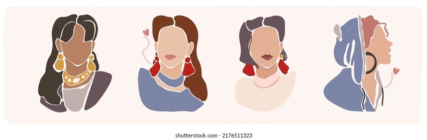 Abstract trendy hand drawn posters set of beautiful women or stylish ladies. Modern art in Scandinavian simple style with pastel background. Accent on face, hair and jewelry.