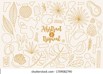 Abstract trendy hand drawn set with tropical leaves and various shapes. Line art gold objects isolated on beige background. Vector illustration 