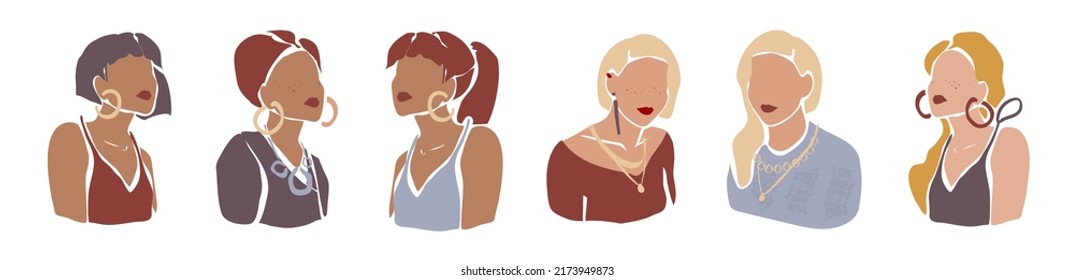 Abstract trendy hand drawn set of beautiful women or elegant ladies. Modern art in Scandinavian minimalistic style. Accent on face, hair and jewelry.