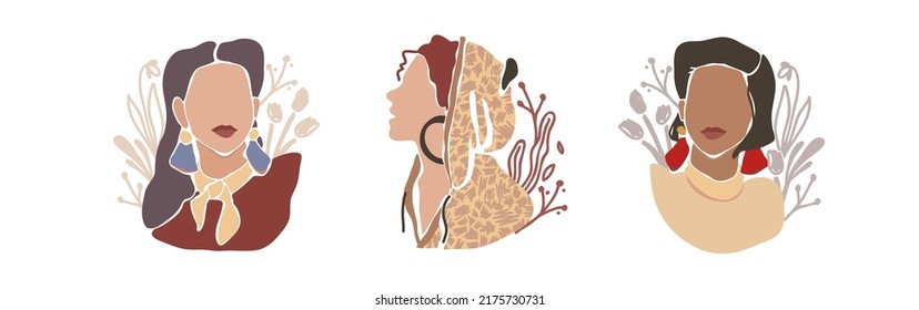 Abstract trendy hand drawn set of beautiful women or stylish ladies. Modern art in Scandinavian simple style with pastel background. Accent on face, hair, jewelry and floral elements.