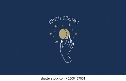 Abstract trendy logo. Hand with full moon with stars isolated on blue background. Minimal linear art. Graphic logo template for beauty salon, cosmetics, jewellery, cosmetics, hand crafted products. 