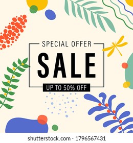 Abstract trendy memphis background art templates with flower and geometric elements. Frame with text SALE. Card for social media, mobile apps, banners design and web/internet ads. Vector illustration.