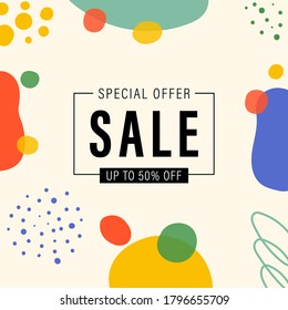 Abstract trendy memphis background art templates with flower and geometric elements. Frame with text SALE. Card for social media, mobile apps, banners design and web/internet ads. Vector illustration.