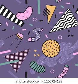 Abstract Trendy Memphis Seamless Pattern. Space Geometric Shapes Background. Retro Vintage Fashion Print 80s 90s. Vector illustration