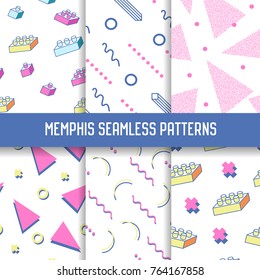 Abstract Trendy Memphis Seamless Patterns Set. Geometric Shapes White Backgrounds for Texture, Wrapping, Wallpaper, Fabric. Vector illustration