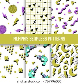 Abstract Trendy Memphis Seamless Patterns Set. Geometric Shapes White Backgrounds for Texture, Wrapping, Wallpaper, Fabric. Vector illustration