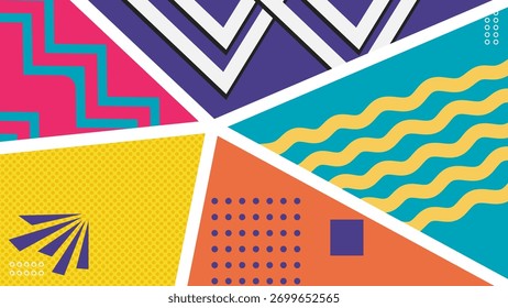 Abstrato Trendy Memphis Estilo Fundo Colagem Geométrica Colorida Design. Ilustração de vetor