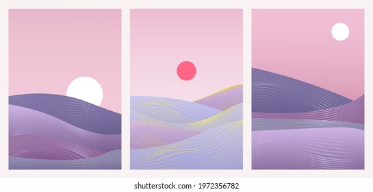 Abstract trendy minimal gradient nature landscape vector illustration set. Minimalist wavy desert sand dunes, hills, sea waves with hand drawning lines, template background for social media stories