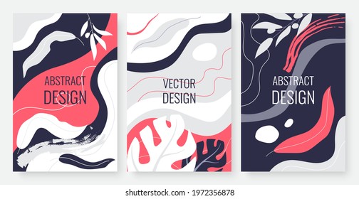 Abstract trendy minimal leaf, wavy lines vector illustration set. Minimal nature art posters red blue white black colors, vertical fashion modern template background for social stories, wall pictures