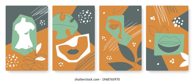 Abstract trendy minimal natural forms, plants, and leaves vector illustration set. Minimalist nature shapes dot lines textures in vertical fashion modern template background for social media stories