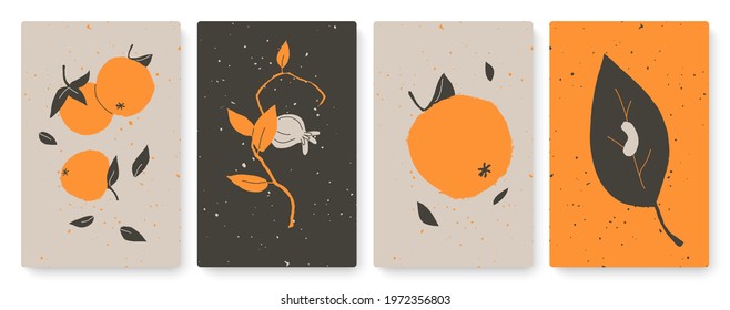 Abstract trendy minimal nature objects vector illustration set. Minimalist simple natural leaf, orange fruits with leaves, rosehip in vertical modern template background for social media stories