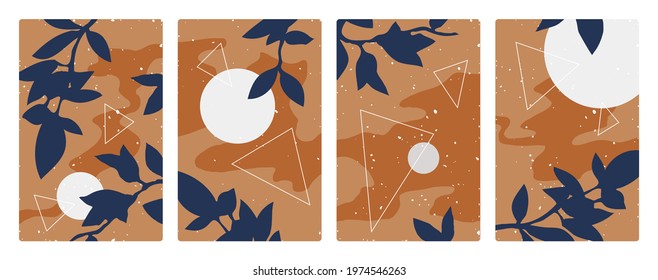 Abstract trendy minimal night moon and nature leaves vector illustration set. Minimalist hand drawn geometric shapes, natural landscape in vertical modern template background for social media stories