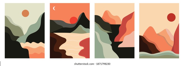 Abstract trendy minimalist landscape poster collection. Sunset and sunrise, mountains, hills, rivers, lakes and moon, alien landscapes. Scandinavian style illustration. Cool Vector backgrounds. 
