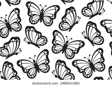 Abstract trendy modern seamless pattern of black monarch butterfly contour on white background for decoration design. Closeup design element, black butterfly. Side view vector icon. Baby shower design