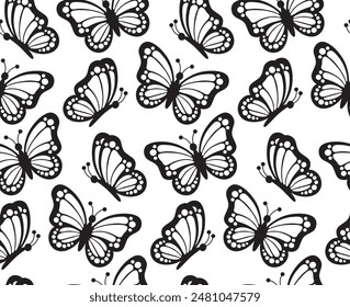 Abstract trendy modern seamless pattern of black monarch butterfly contour on white background for decoration design. Closeup design element, black butterfly. Side view vector icon. Baby shower design