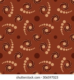 Abstract trendy ornamental seamless pattern with circle and twirl elements of brown shades