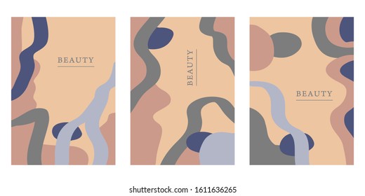 Abstract trendy pastel universal art templates. Three isolated illustrations on a white background. Suitable for cover, invitation, banner, poster, brochure, poster, postcard, flyer. Gray, blue, sand