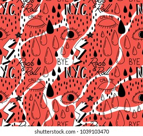 Abstract trendy pattern with open and winking eyes, rock and roll, N.Y.C, tears. Fashionable hipster seamless pattern.