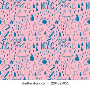 Abstract trendy pattern with open and winking eyes, rock and roll, N.Y.C, tears. Fashionable hipster seamless pattern.