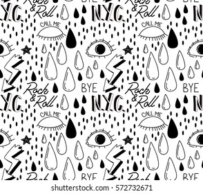 Abstract trendy pattern with open and winking eyes, rock and roll, N.Y.C, tears. Fashionable hipster seamless pattern.