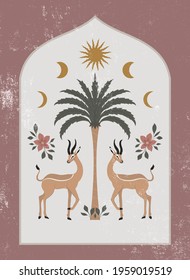 Abstract trendy poster. Animals, palm, flowers, sun, moon, arch, texture. Minimal vintage boho style. Design for print, card, wallpaper, wall decor, background, social media. Vector illustration