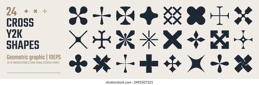 Abstract trendy postmodern geometric graphic elements, Stylized cross symbol and icon, Brutalist vector shapes, trendy retro design form in Y2K aesthetics, primitive vintage stickers