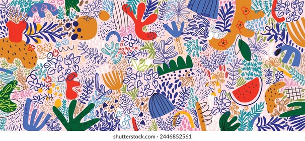 Abstract trendy rough hand drawn flowers, plants, floral colorful vector illustration pattern. Design for textile, fabric, wallpaper, wrapping and print.