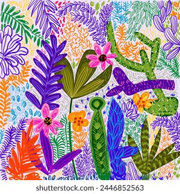 Abstract trendy rough hand drawn flowers, plants, floral colorful vector illustration pattern. Design for textile, fabric, wallpaper, wrapping and print.