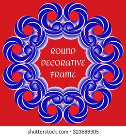 Abstract trendy round frame with decorative elements of  blue and white shades on red background