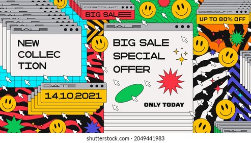 Abstract Trendy Sale Banner Retro Design. Computer Windows With Special Offer. Cool Modern Artwork. Hipster 90s Artwork.