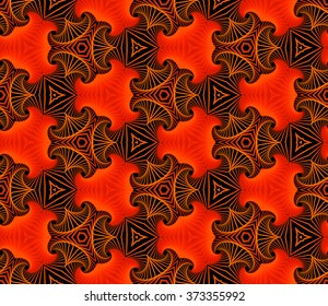 Abstract trendy seamless ornamental pattern of fractal shapes in red, orange, yellow and black shades