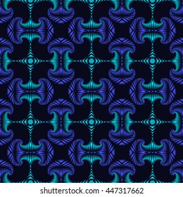 Abstract trendy seamless pattern with blue and azure metallic decorative elements on dark blue background