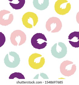 Abstract trendy seamless pattern with  brush strokes. Shapes in doodle style. Pink, yellow, purple, blue. Simple bright wallpaper. Sequins. Modern textile, packaging, wrapping paper, tissue.