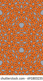 Abstract trendy seamless pattern with celtic knot ornament of orange, gray, and black shades