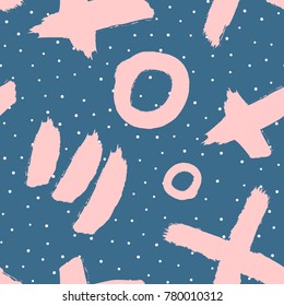 Abstract trendy seamless pattern for children. Brush strokes and polka dot. Grunge, sketch, watercolor, graffiti. Modern vector illustration.