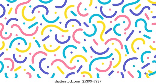 Forma geométrica colorida del garabato de la línea del patrón inconsútil de moda abstracto en el fondo blanco. Garabato juguetón lindo de la línea para los niños del acontecimiento