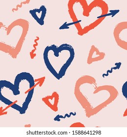 Abstract trendy seamless pattern. Colourful wallpaper in blue, pink and red colours. Brush strokes, hearts shape, arrows, hand painted in doodle style. Simple print.