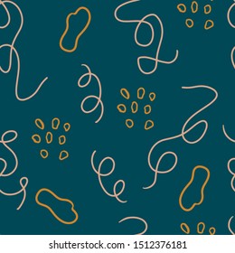 Abstract trendy seamless pattern with different rounded shapes and lines  on dark background. Simple geometric texture. Modern textile, branding, packaging.