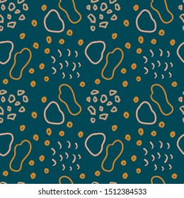 Abstract trendy seamless pattern with different rounded shapes, lines, strokes on dark background. Simple geometric texture. Modern textile, branding, packaging.