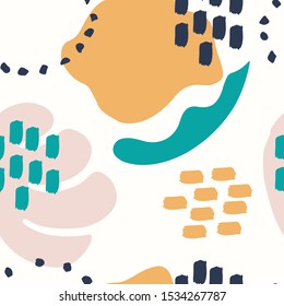 Abstract trendy seamless pattern with different shapes, strokes, other elements. Pink, yellow, green, dark blue. Simple hand drawn wallpaper in doodle style. Modern textile, packaging, wrapping paper.