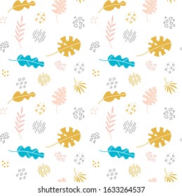 Abstract trendy seamless pattern with different shapes and tropical plants in sketch style. Floral elements drawn in scandinavian style. Modern textile, branding, packaging
