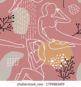 Abstract trendy seamless pattern with different shapes and women's silhouettes in warm earthy colours. Pink, beige, terracotta, mustard, pastel. Modern textile, branding, packaging. Line art.