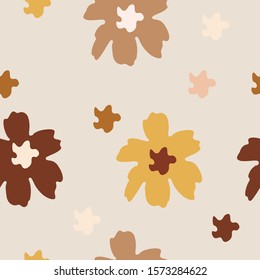 Abstract trendy seamless pattern with flowers elements in doodle style. Gentle beige colours. Modern textile, branding, packaging, wrapping paper.
