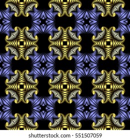 Abstract trendy seamless pattern with golden, silver and blue metallic decorative elements on black background