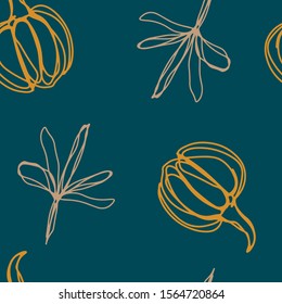 Abstract trendy seamless pattern with hand drawn pumpkins and leaves in sketch style. Floral elements drawn by one line. Modern textile, branding, packaging.