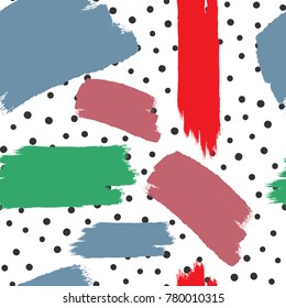 Abstract trendy seamless pattern with polka dots and brush strokes. Grunge, sketch, watercolor, graffiti. White, black, red, green, purple, blue. Vector illustration.