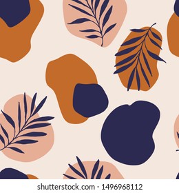 Abstract trendy seamless pattern with random different shapes  and silhouettes of tropical plants in warm earthy colors. Brown, beige, dark blue, mustard, pastel. Modern textile, branding, packaging.