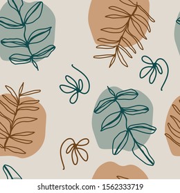 Abstract trendy seamless pattern with random different shapes and tropical plants in sketch style. Floral elements drawn by one line. Modern textile, branding, packaging.