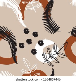 Abstract trendy seamless pattern with random different shapes  and silhouettes of tropical plants in warm earthy colors. Brown, beige, white, black. Modern textile, branding, packaging.