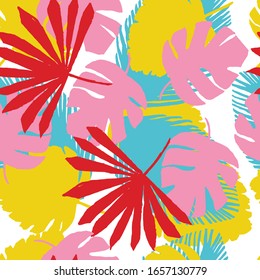 Abstract trendy seamless pattern with random different silhouettes of tropical plants in bright colours. Pink, yellow, red, light blue. Modern textile, branding, packaging.